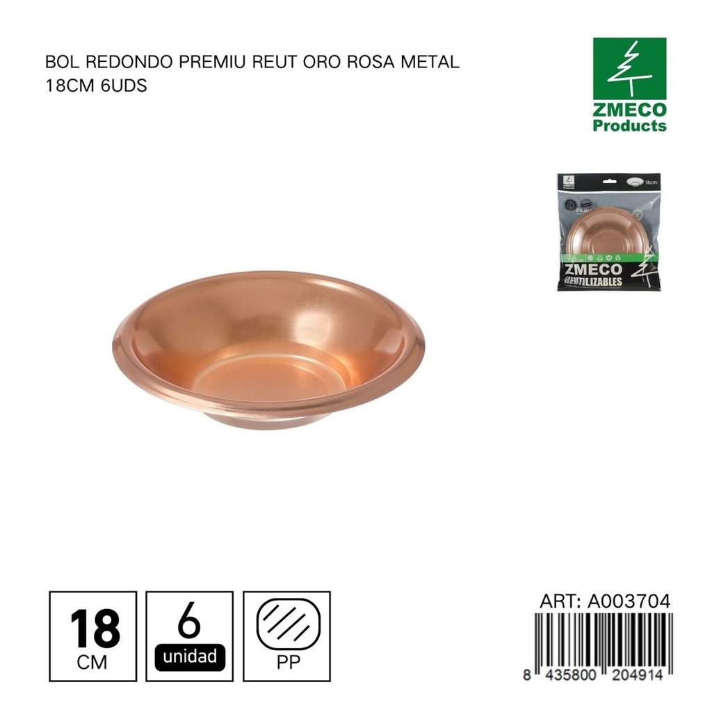 Bol redondo de plástico Premium reutilizable oro rosa 18cm - Utensilios desechables para cocina