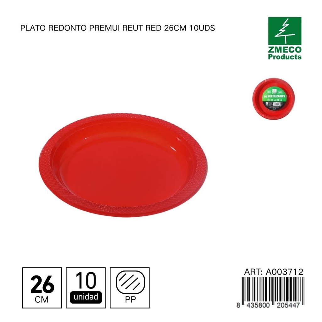 Plato redondo de plástico Premium reutilizable rojo 26cm 10uds - Utensilios desechables para cocina