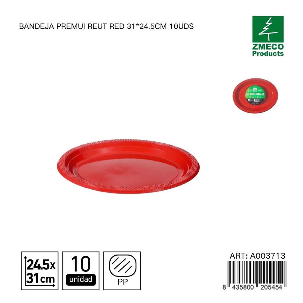 Bandeja de plástico Premium reutilizable roja 31*24.5cm 10uds - Utensilios desechables para cocina