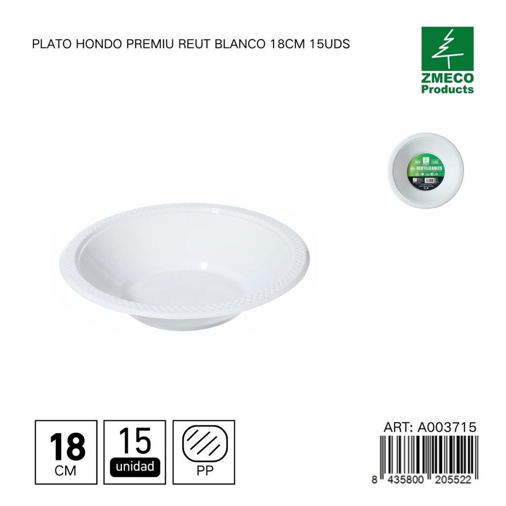 Plato hondo de plástico Premium reutilizable blanco 18cm 15uds - Utensilios desechables para cocina