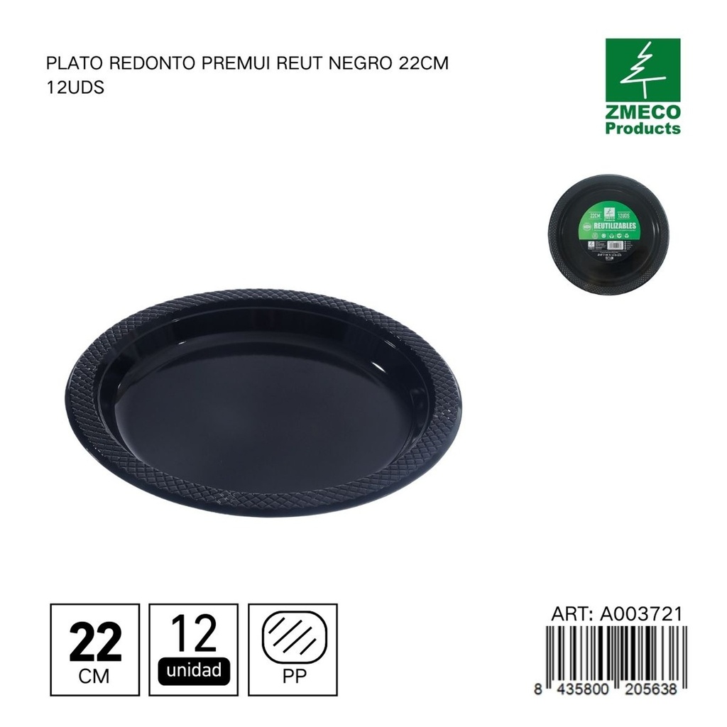 Plato redondo de plástico Premium reutilizable negro 22cm 12uds - Utensilios desechables para cocina