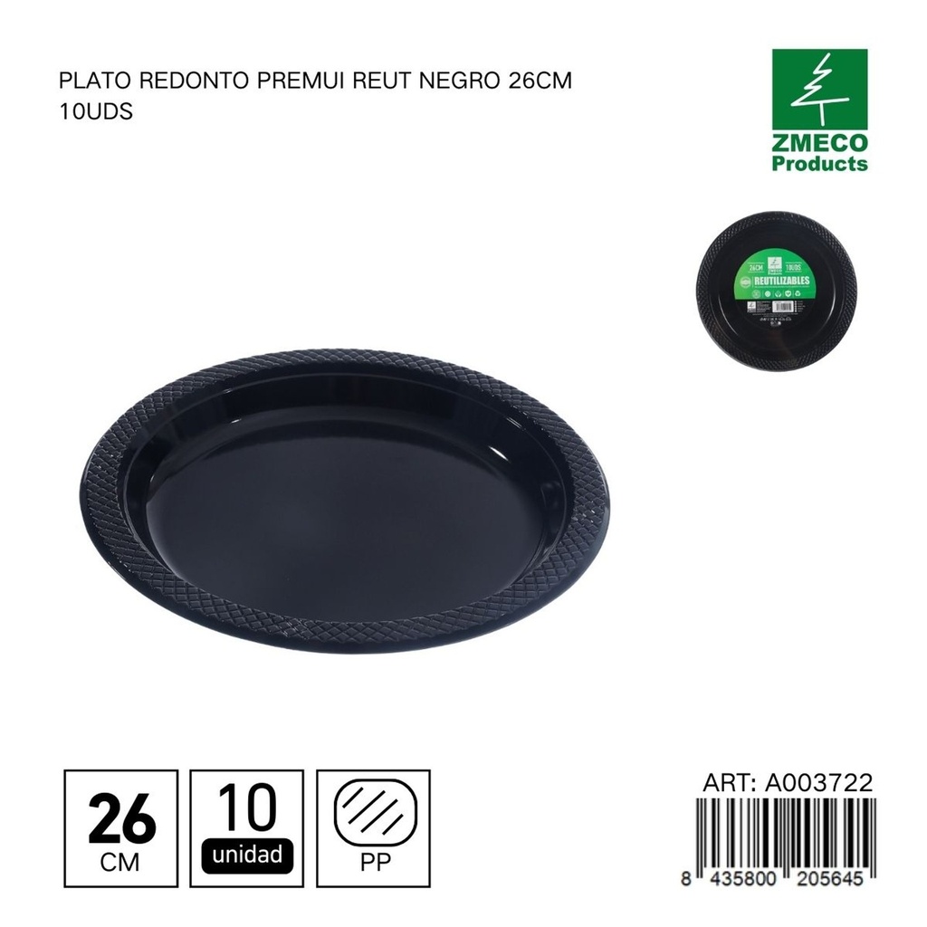 Plato redondo de plástico Premium reutilizable negro 26cm 10uds - Utensilios desechables para cocina