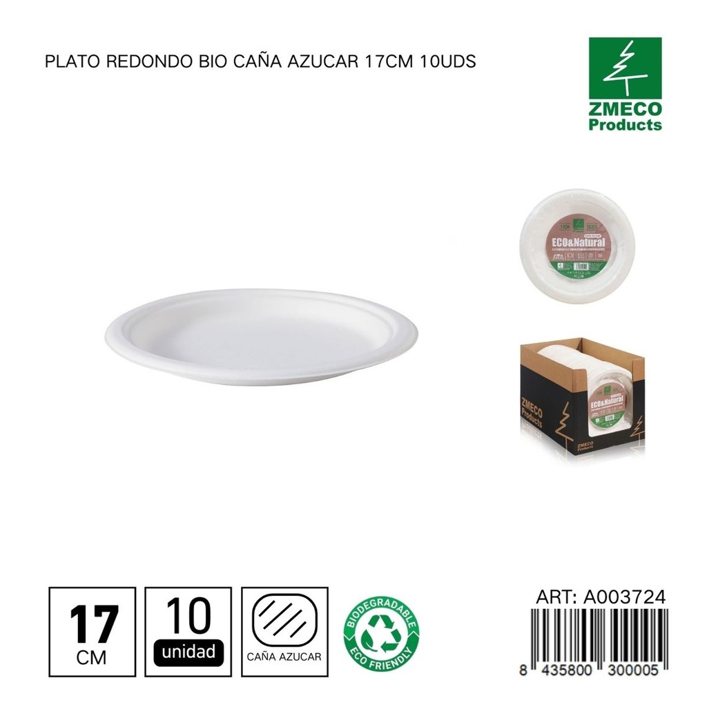 Plato redondo biodegradable de caña de azúcar 17cm 10uds - Utensilios desechables y ecológicos