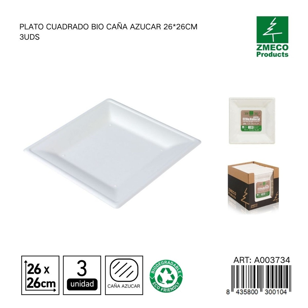 Plato cuadrado biodegradable de caña de azúcar 26*26cm 3uds - Utensilios desechables y ecológicos