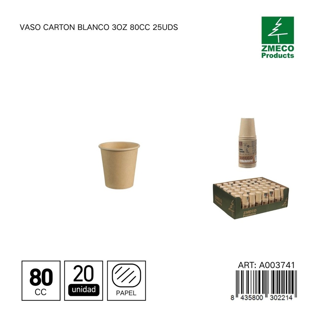 Vaso carton kraft 3oz 80cc 20uds - Utensilios desechables para bebidas
