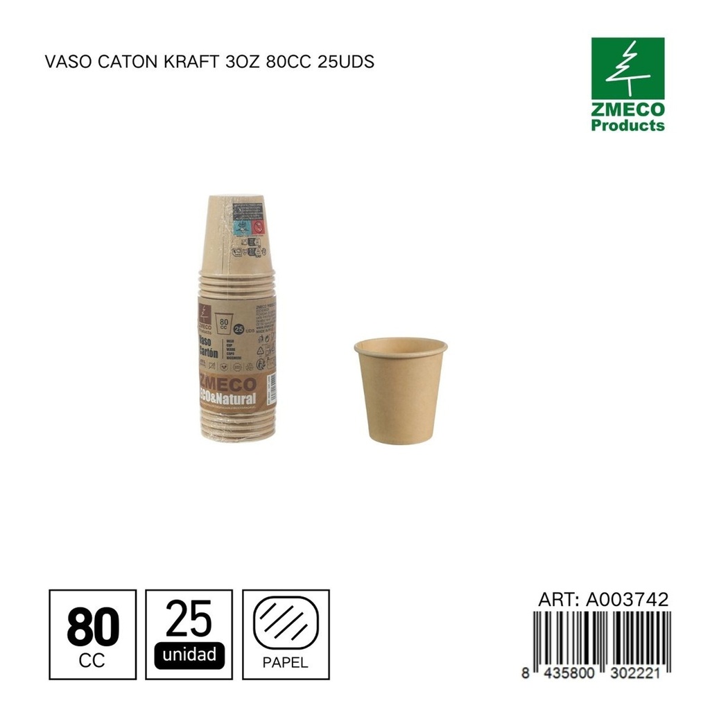 Vaso carton kraft 3oz 80cc 25uds - Utensilios desechables para bebidas