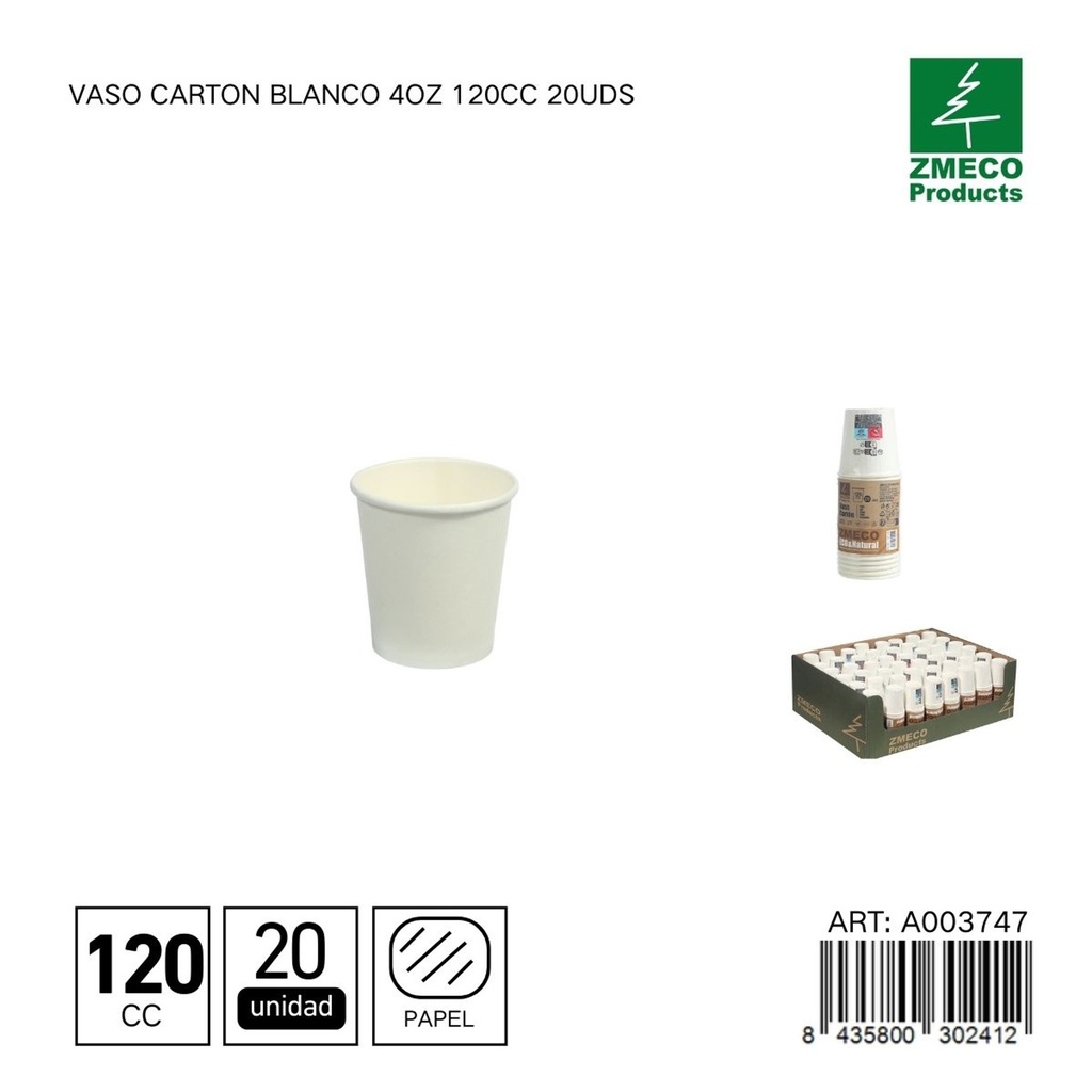 Vaso de cartón blanco con tapa 4oz 120cc 20uds - Utensilios desechables para bebidas