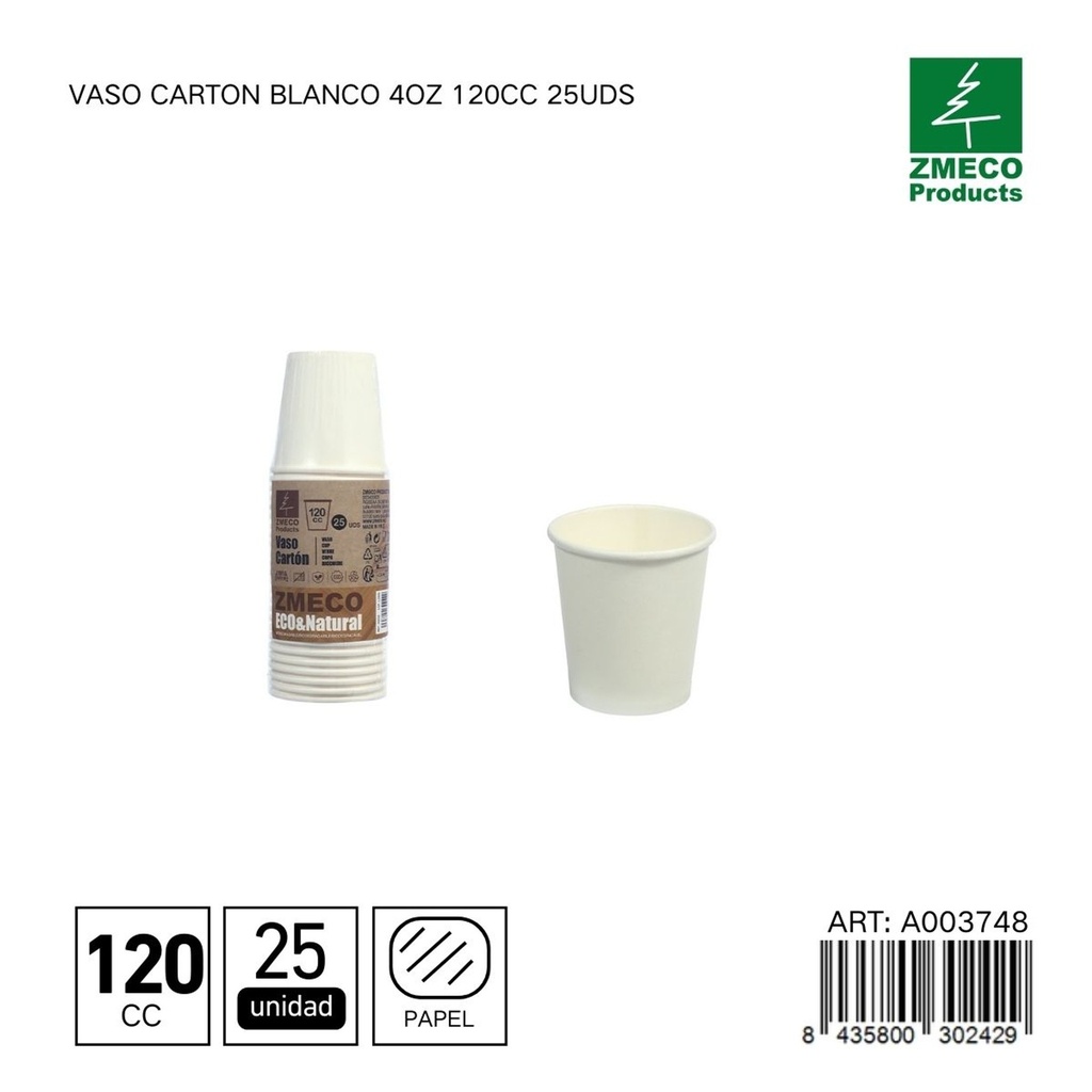 Vaso de cartón blanco con tapa 4oz 120cc 25uds - Utensilios desechables para bebidas