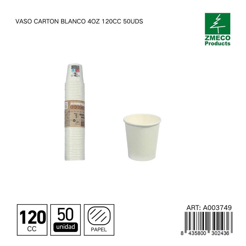 Vaso de cartón blanco con tapa 4oz 120cc 50uds - Utensilios desechables para bebidas