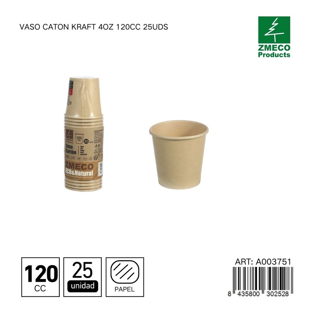 Vaso carton kraft con tapa 4oz 120cc 25uds - Utensilios desechables para bebidas