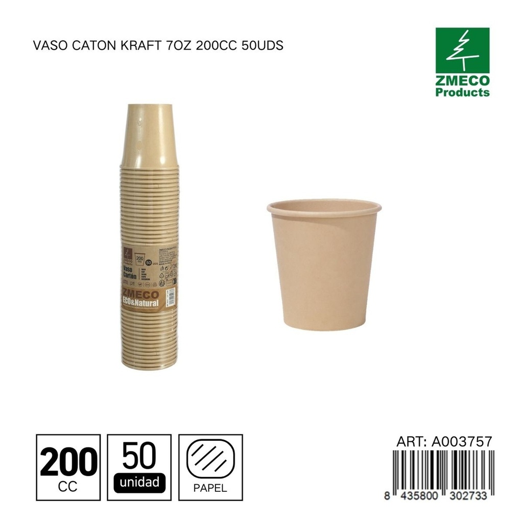 Vaso carton kraft 7oz 200cc 50uds - Utensilios desechables para bebidas