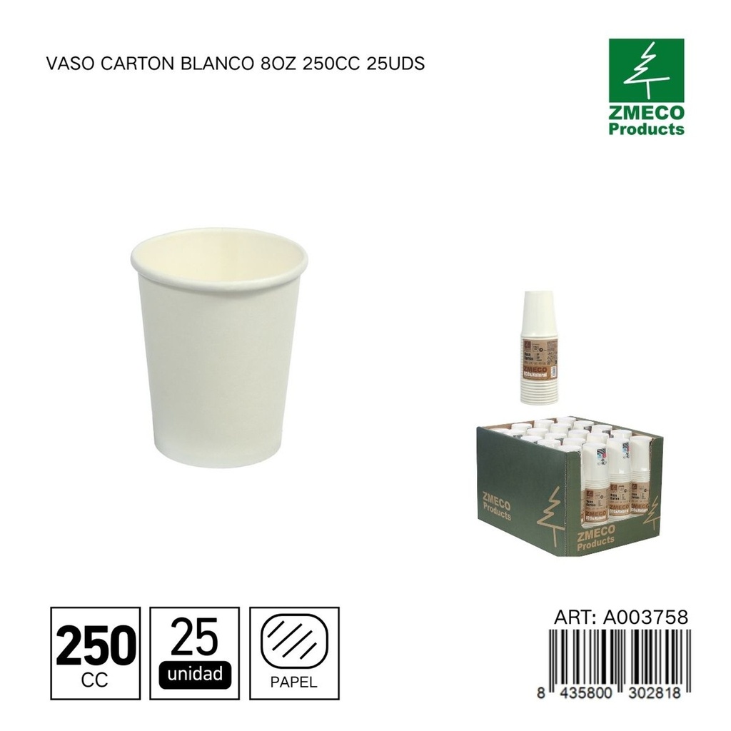Vaso de cartón blanco 8oz 250cc 25uds - Utensilios desechables para bebidas