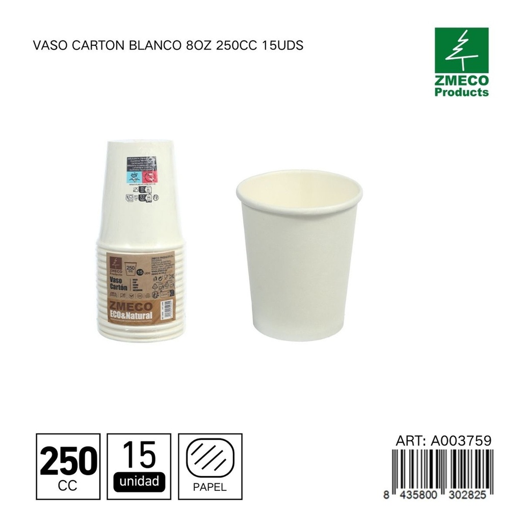 Vaso de cartón blanco 8oz 250cc 15uds - Utensilios desechables para bebidas