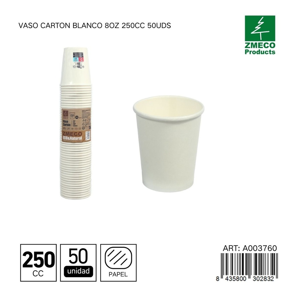 Vaso de cartón blanco 8oz 250cc 50uds - Utensilios desechables para bebidas