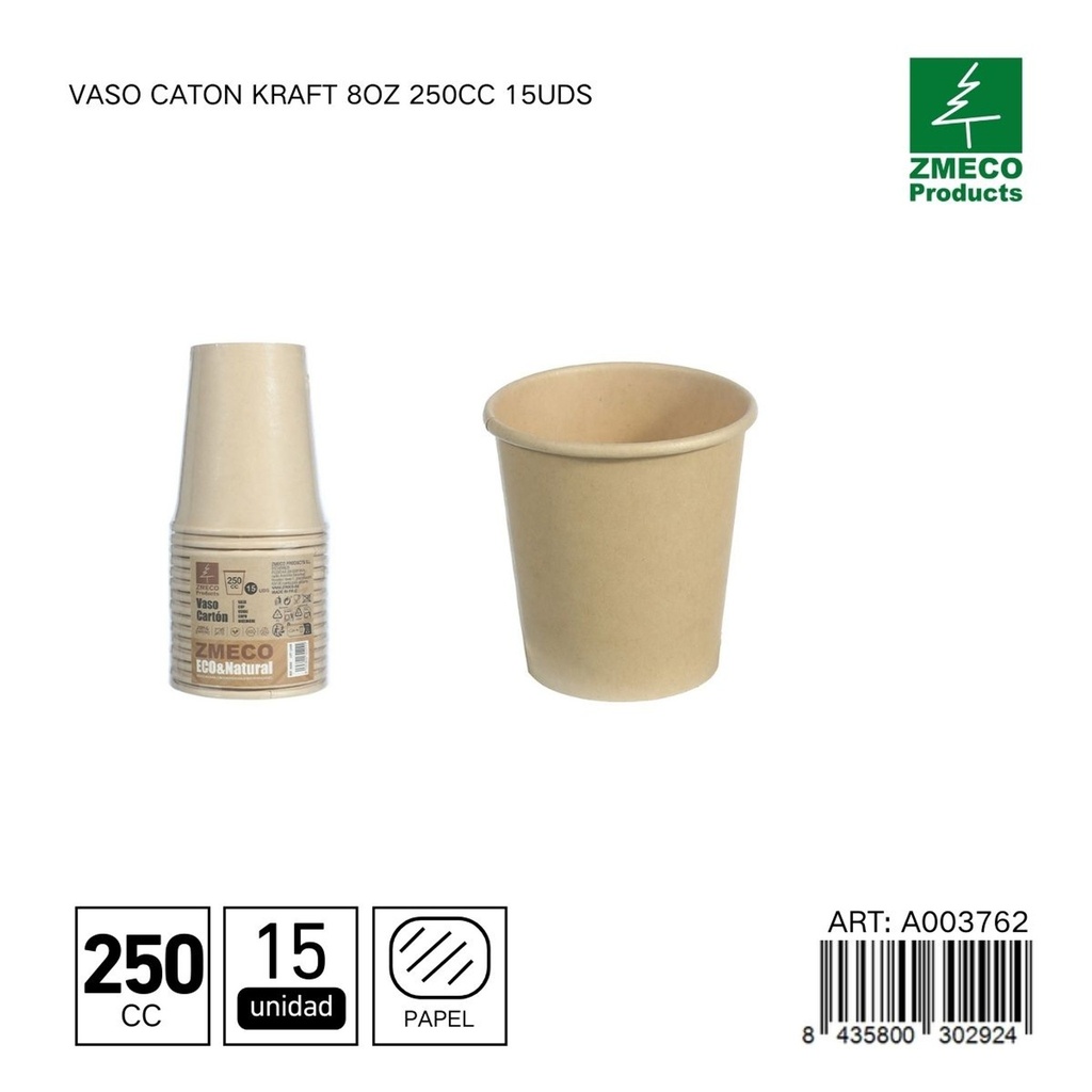 Vaso carton kraft 8oz 250cc 15uds - Utensilios desechables para bebidas