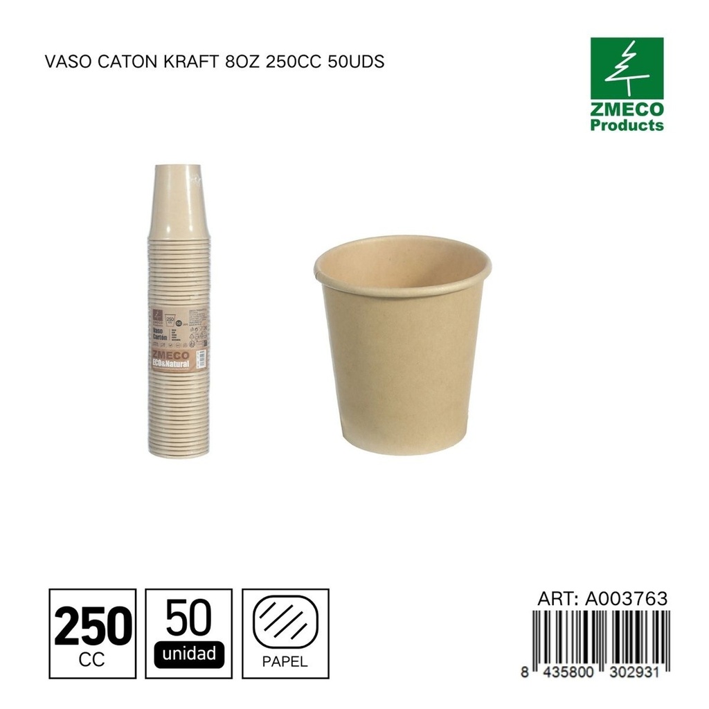 Vaso carton kraft 8oz 250cc 50uds - Utensilios desechables para bebidas