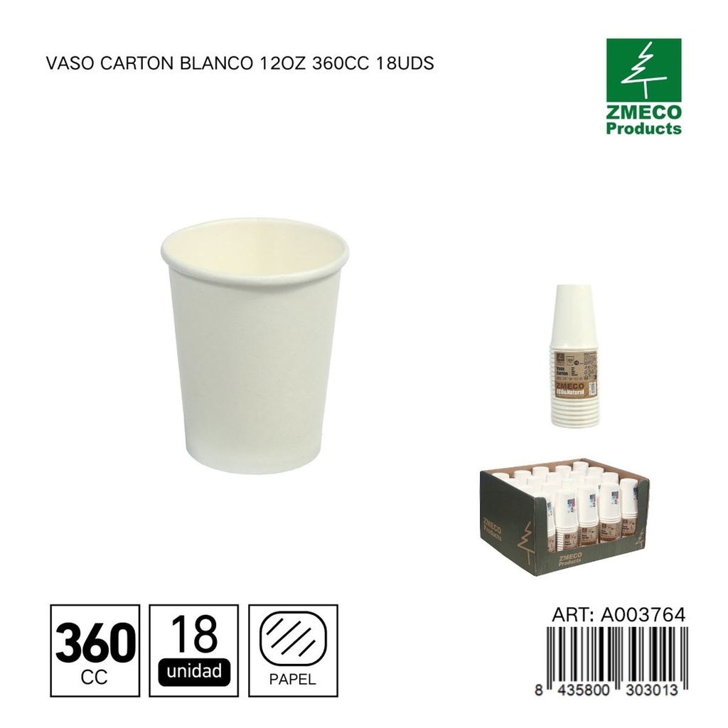 Vaso de cartón blanco 12oz 360cc 18uds - Utensilios desechables para bebidas