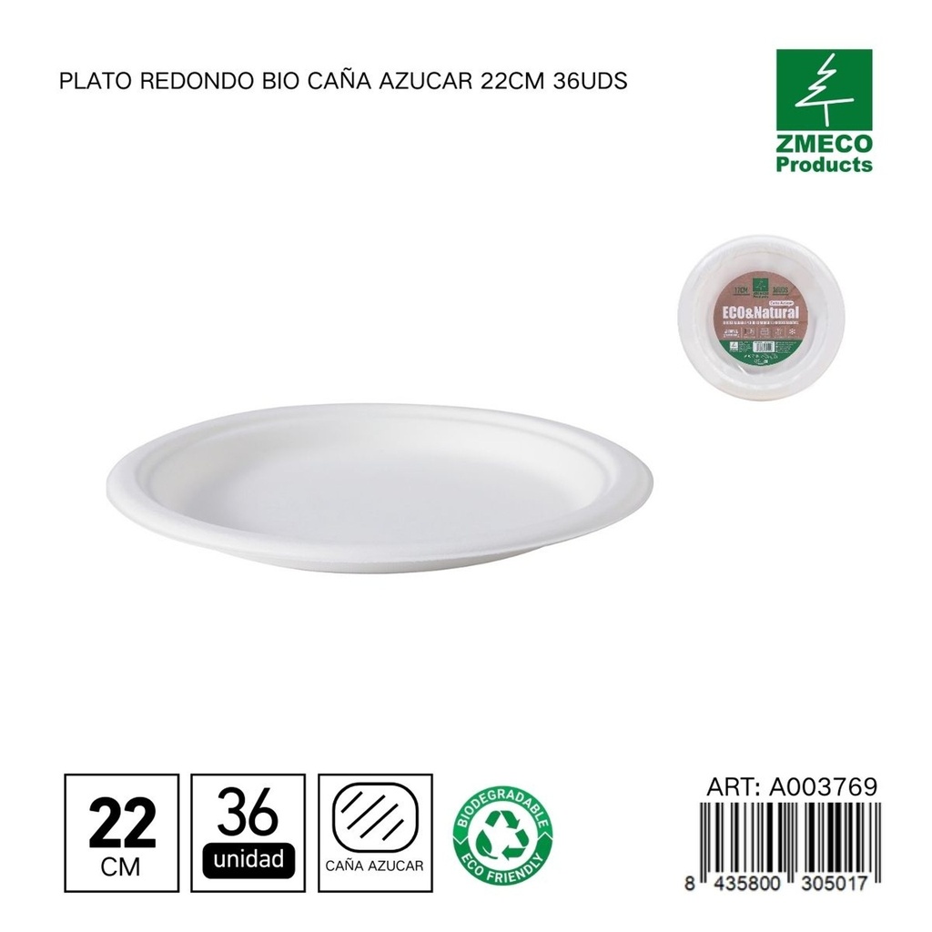 Plato redondo biodegradable de caña de azúcar 22cm 36uds - Utensilios desechables y ecológicos
