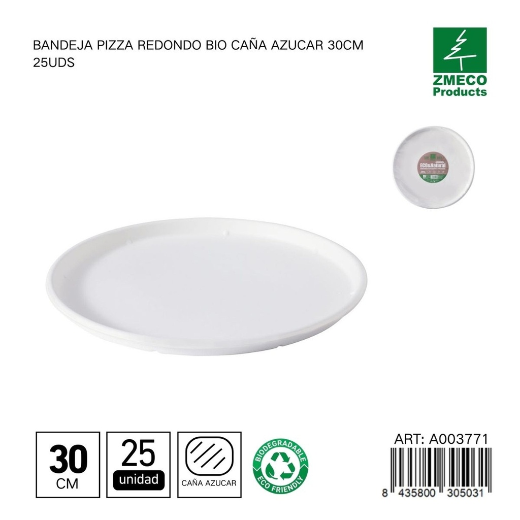Bandeja de pizza redonda biodegradable de caña de azúcar 30cm 25uds - Utensilios desechables y ecológicos
