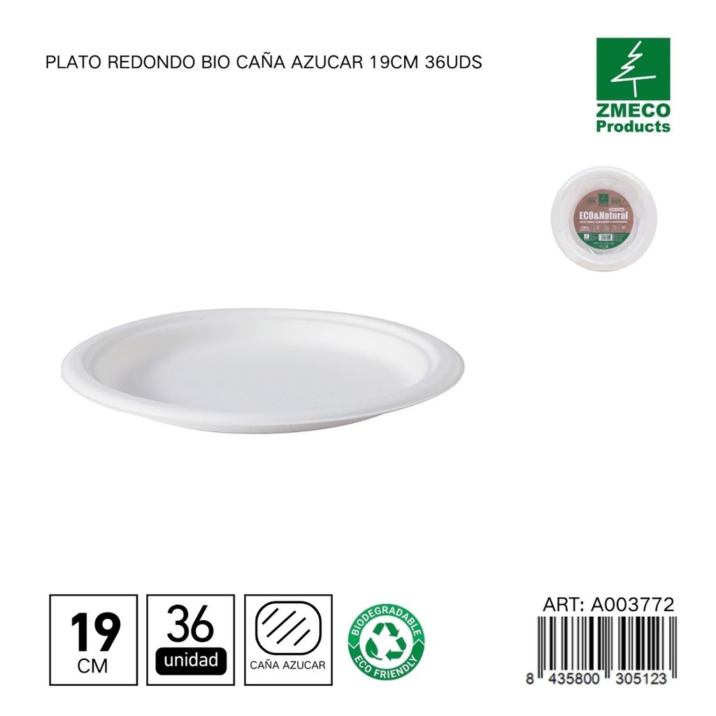 Plato redondo biodegradable de caña de azúcar 19cm 36uds - Utensilios desechables y ecológicos