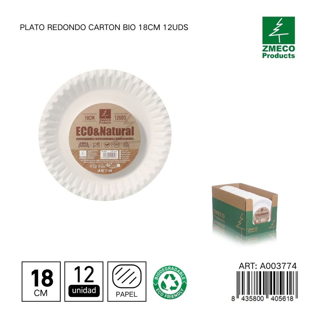 Plato redondo de cartón biodegradable 18cm 12uds - Utensilios desechables y ecológicos