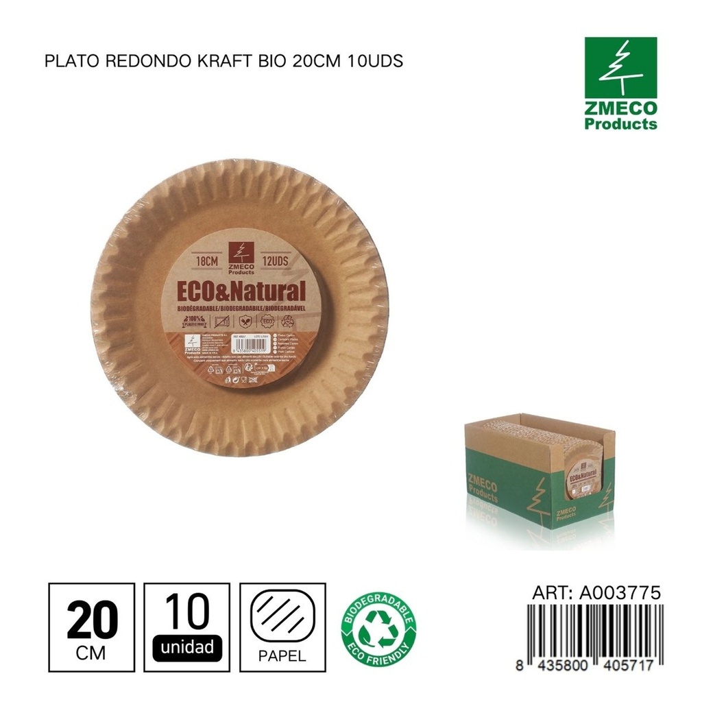 Plato redondo kraft biodegradable 20cm 10uds - Utensilios desechables y ecológicos