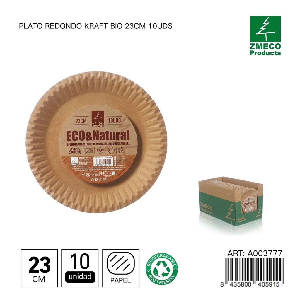 Plato redondo kraft biodegradable 23cm 10uds - Utensilios desechables y ecológicos