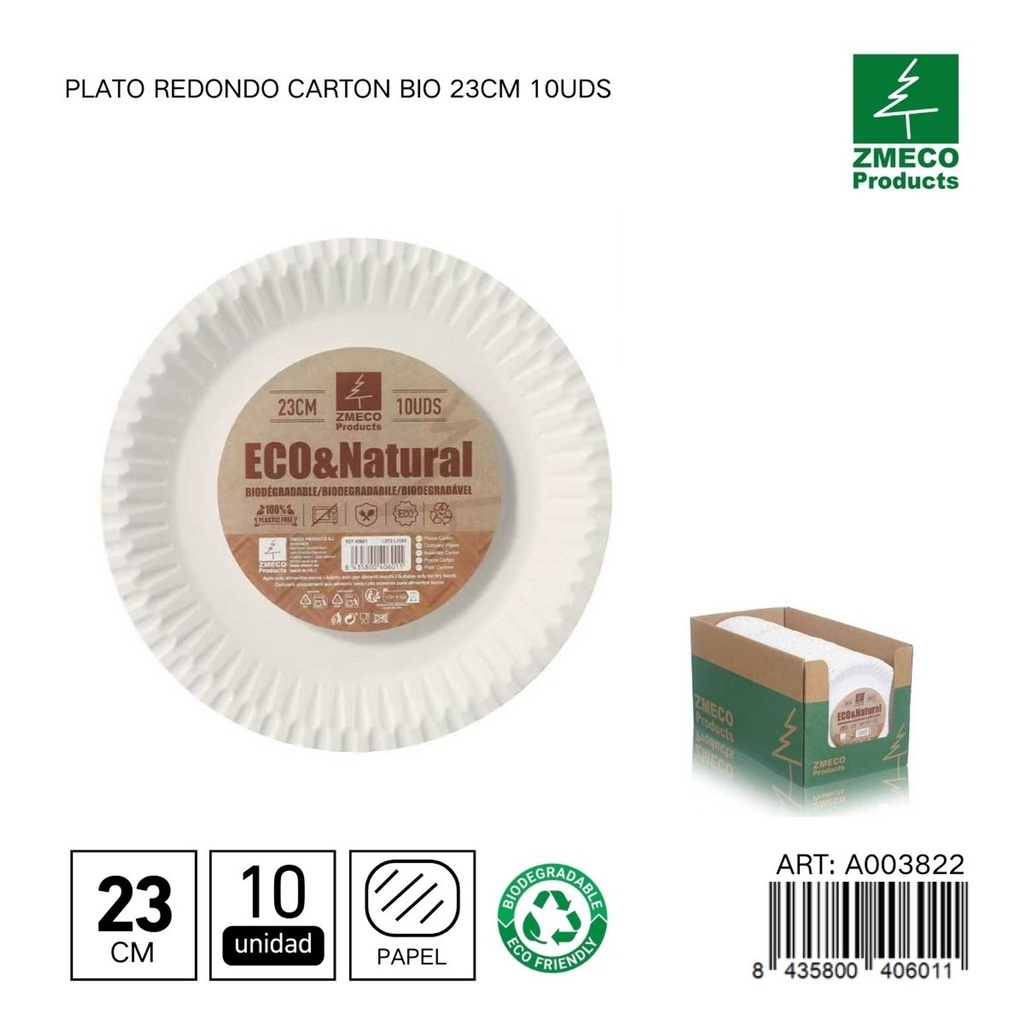 Plato redondo de cartón biodegradable 23cm 10uds - Utensilios desechables y ecológicos