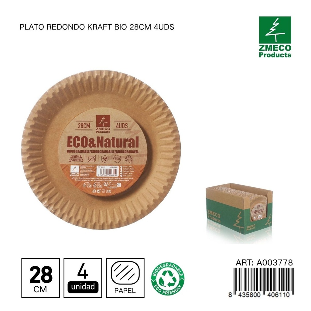 Plato redondo kraft biodegradable 28cm 4uds - Utensilios desechables y ecológicos