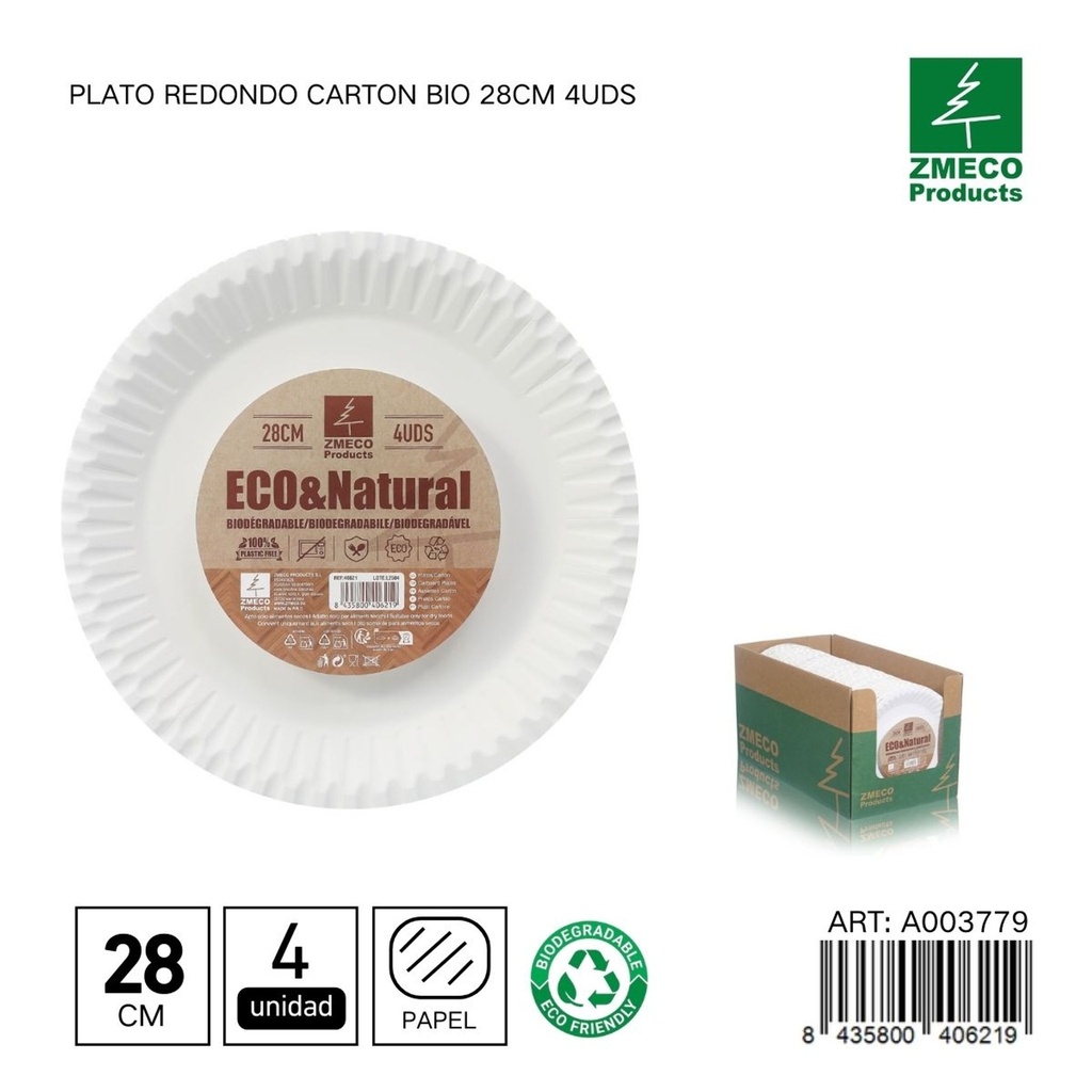 Plato redondo de cartón biodegradable 28cm 4uds - Utensilios desechables y ecológicos