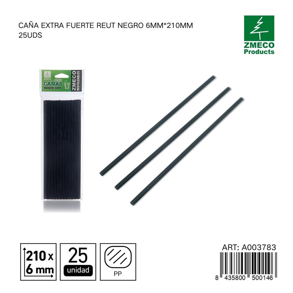 Caña extra fuerte reutilizable negra 6mm*210mm 25uds - Productos de cocina desechables