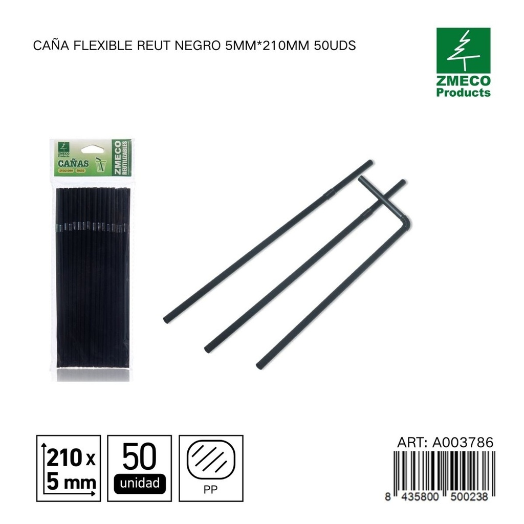 Caña flexible reutilizable negra 5mm*210mm 50uds - Accesorios de cocina y cocteles