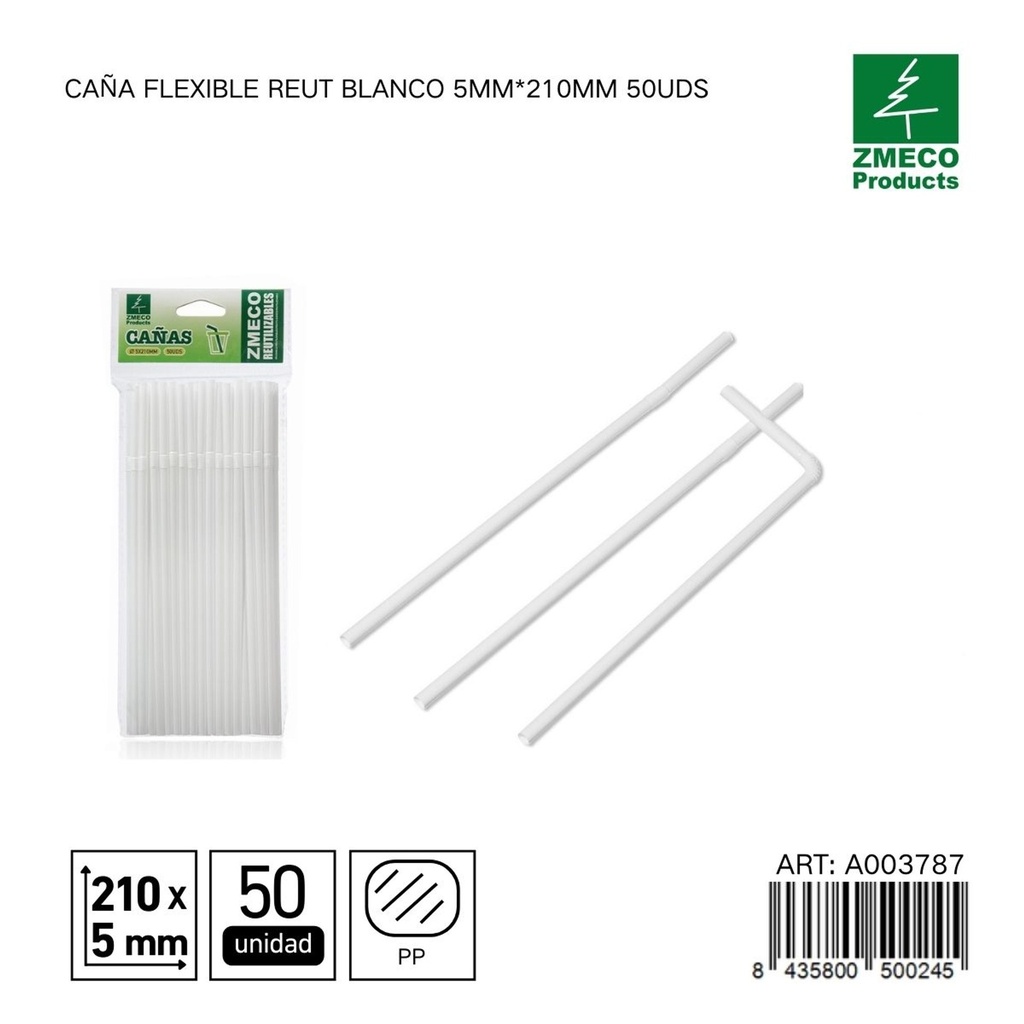 Caña flexible reutilizable blanca 5mm*210mm 50uds - Accesorios de cocina y cocteles