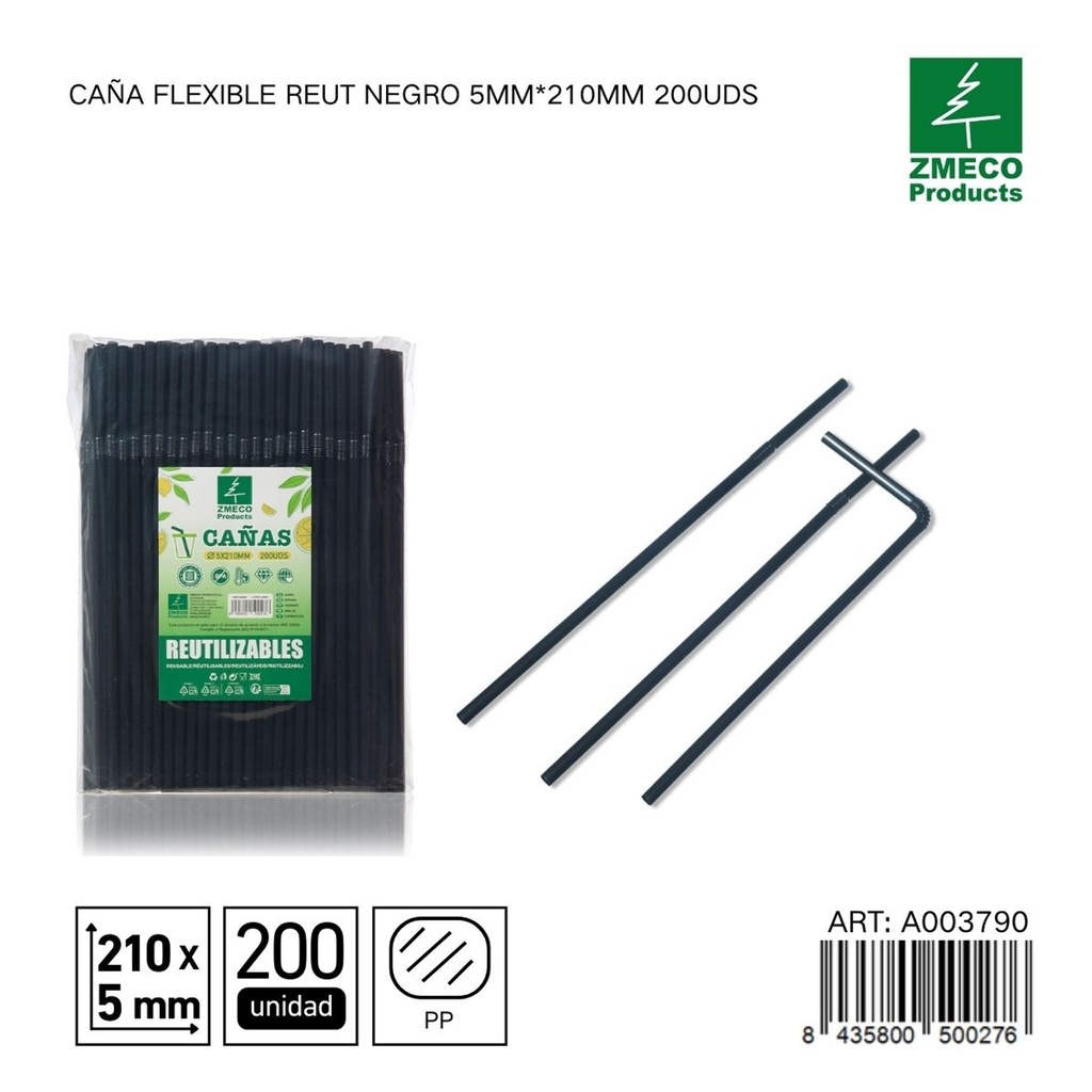 Caña flexible reutilizable negra 5mm*210mm 200uds - Accesorios de cocina y cocteles