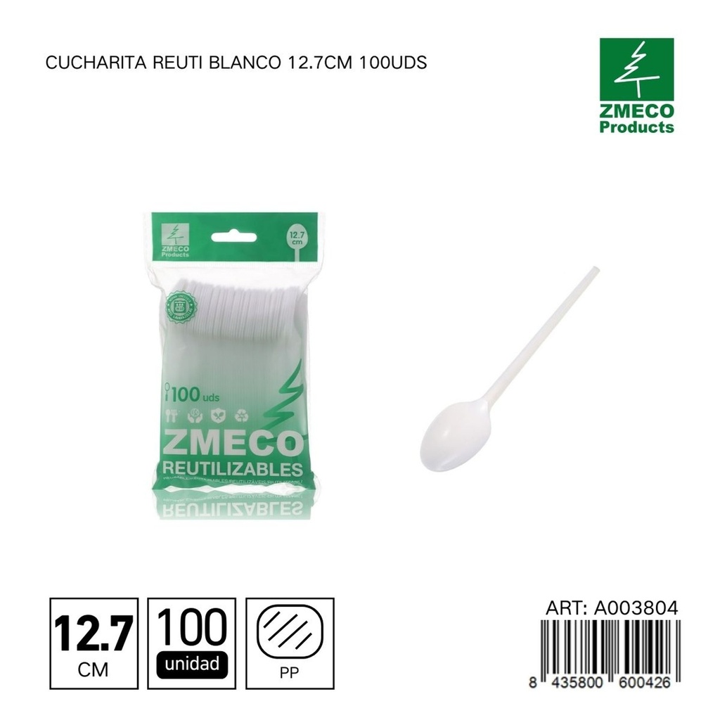 Cucharita reutilizable blanca 12.7 cm 100 unidades - Utensilios desechables