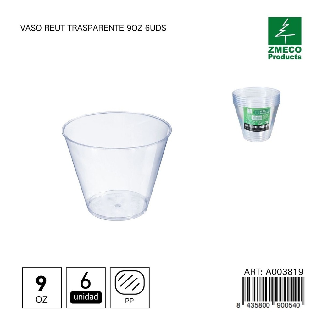 Vaso Reut trasparente 9 oz 6 uds - Utensilios desechables y menaje