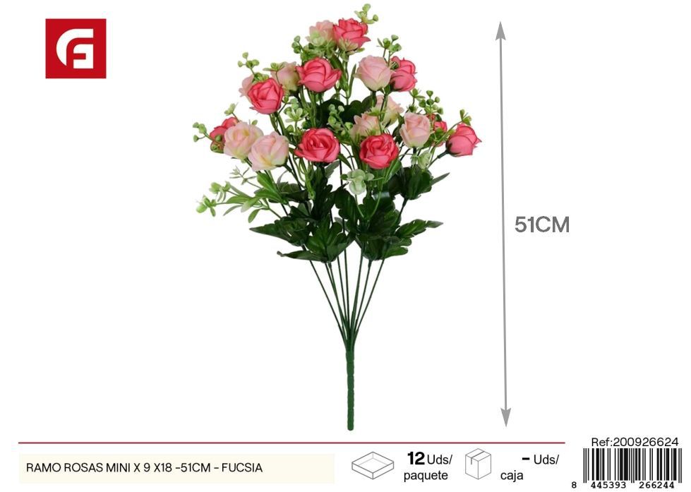 Ramo de mini rosas fucsias 9x18 piezas 51 cm - Flores miniatura para decoración