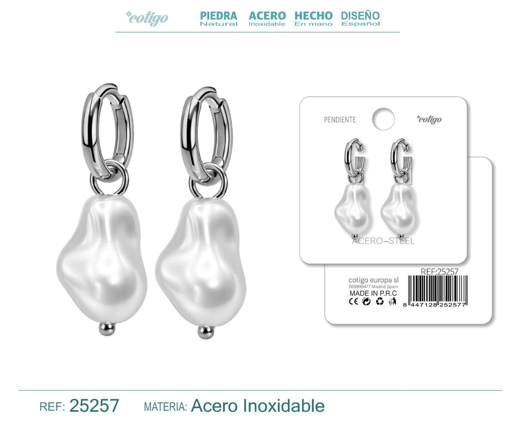 Pendientes de perlas Balotelli con aro de acero color plateado - Joyería y accesorios