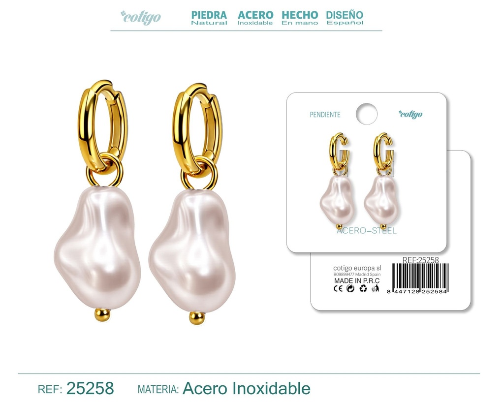 Pendientes de perlas Balotelli con aro de acero color dorado - Joyería y accesorios