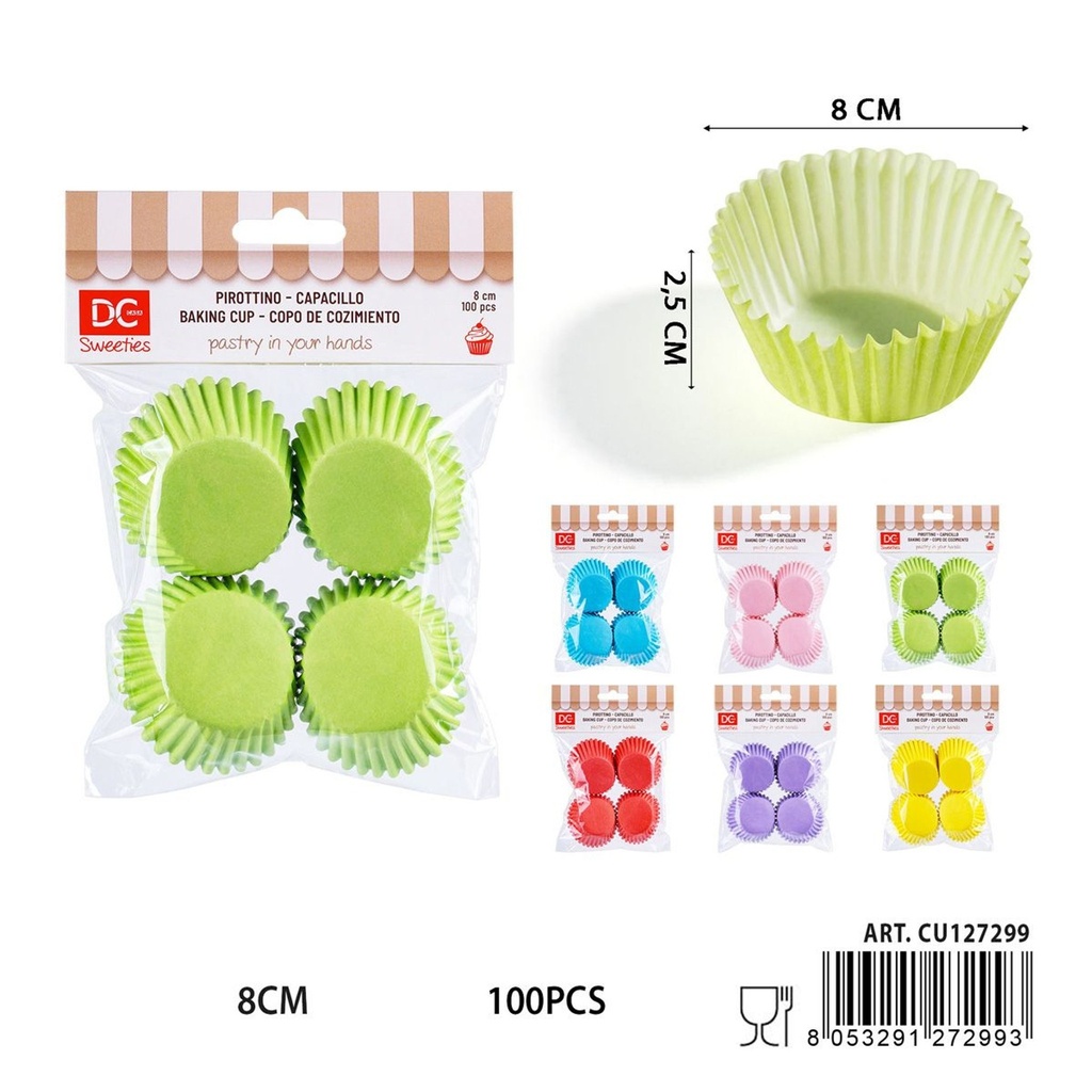 Moldes de papel para magdalenas de colores 8cm 100pz - Utensilios de repostería coloridos