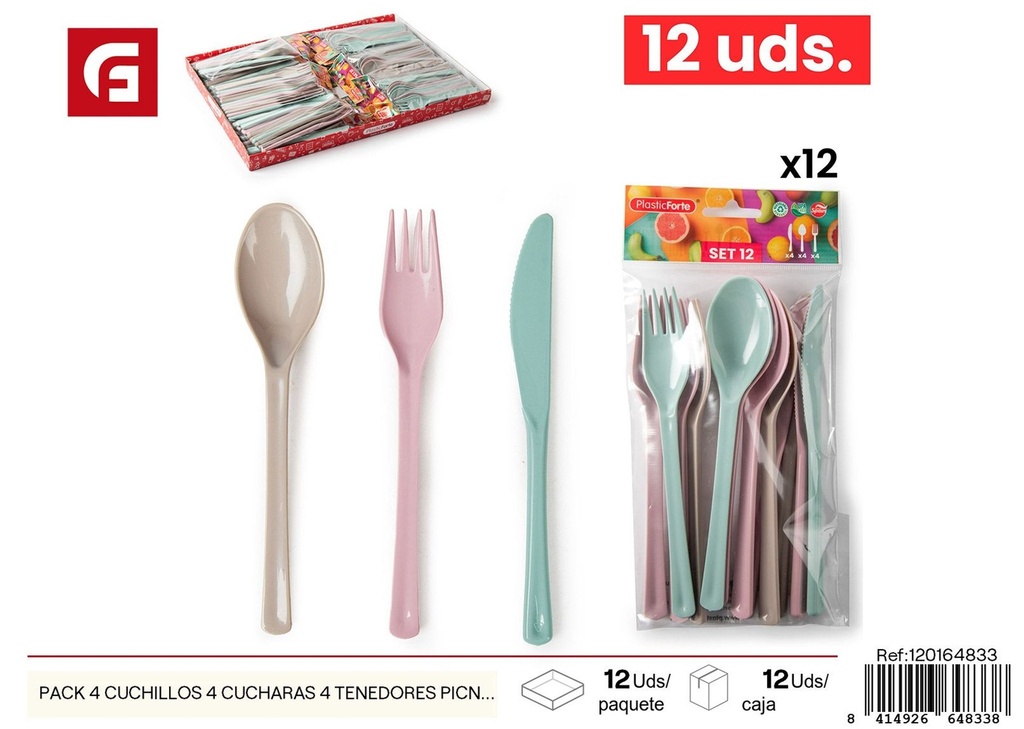 Pack de 4 cuchillos, 4 cucharas y 4 tenedores para picnic surtido VRM - Plásticos de cocina y utensilios