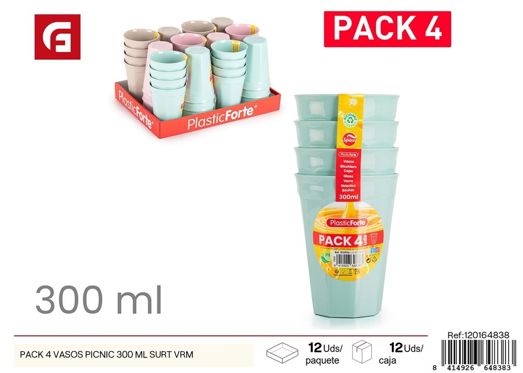 Pack de 4 vasos para picnic 300 ml surtido VRM - Plásticos de cocina y utensilios