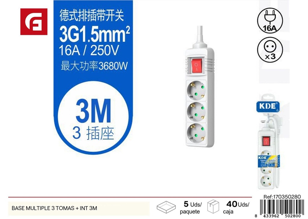 Basa múltiple 3 tomas + interruptor 3m - Suministro eléctrico