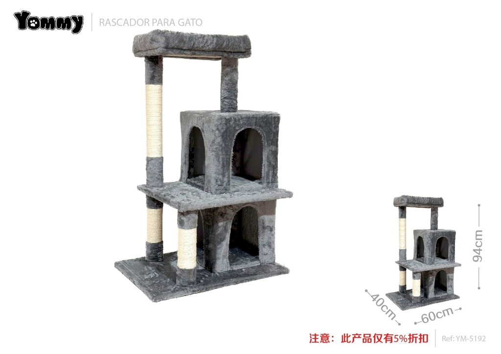 Rascador para gatos con casa de dos niveles 60x40x94 cm - Accesorios para mascotas