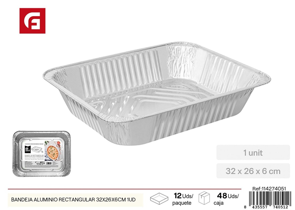 Bandeja de aluminio rectangular de 32x26x6 cm - Recipiente desechable para horno (1 ud)