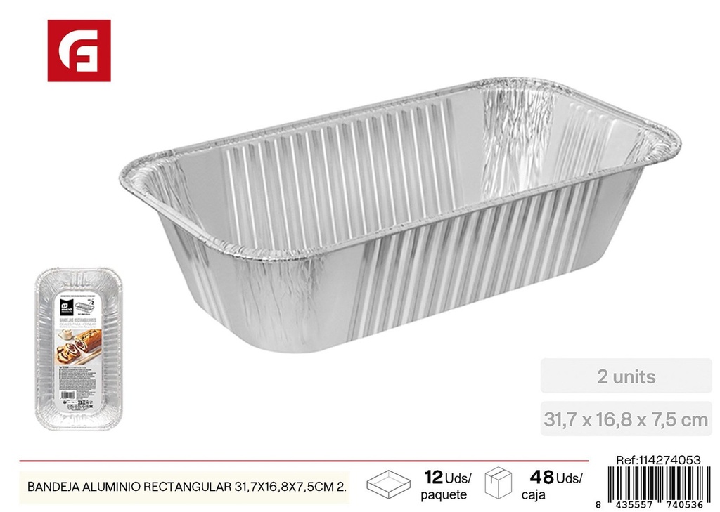 Bandeja de aluminio rectangular de 31,7x16,8x7,5 cm - Recipiente desechable para horno (2 uds)