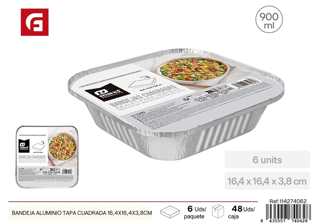 Bandeja de aluminio tapa cuadrada de 16,4x16,4x3,8 cm - Recipiente desechable (6 uds)