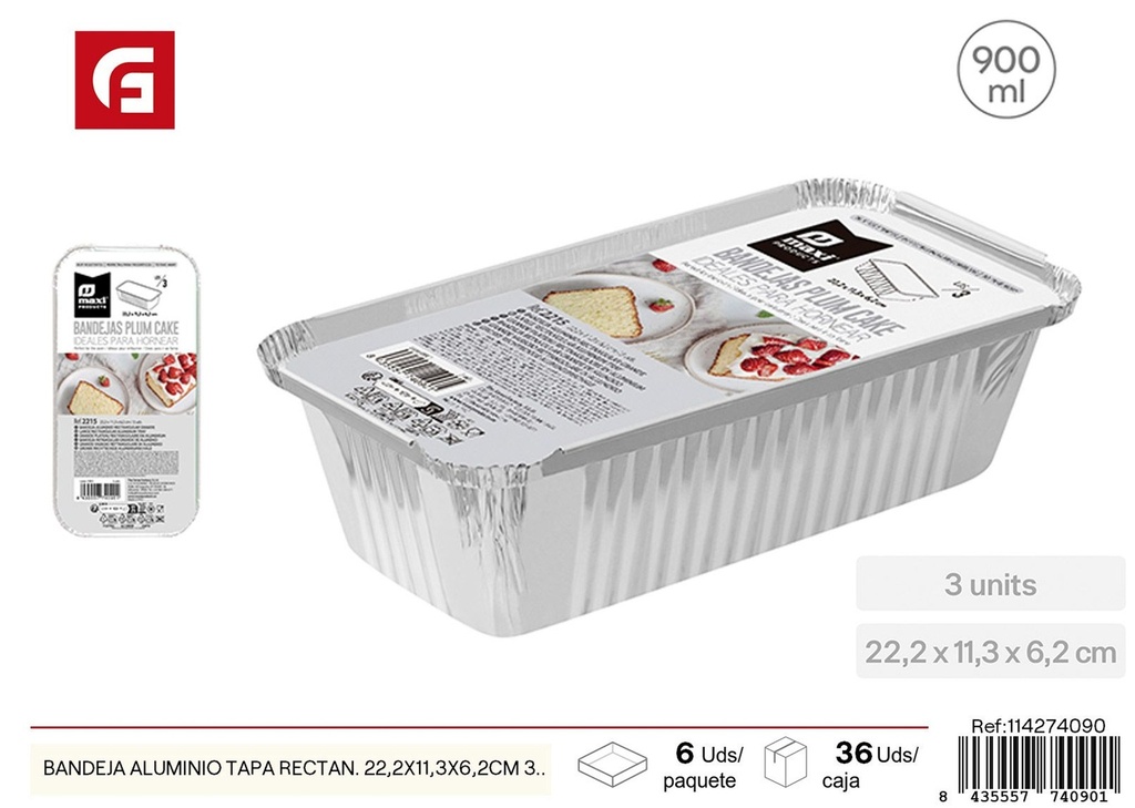 Bandeja de aluminio tapa rectangular de 22,2x11,3x6,2 cm - Recipiente desechable (3 uds)