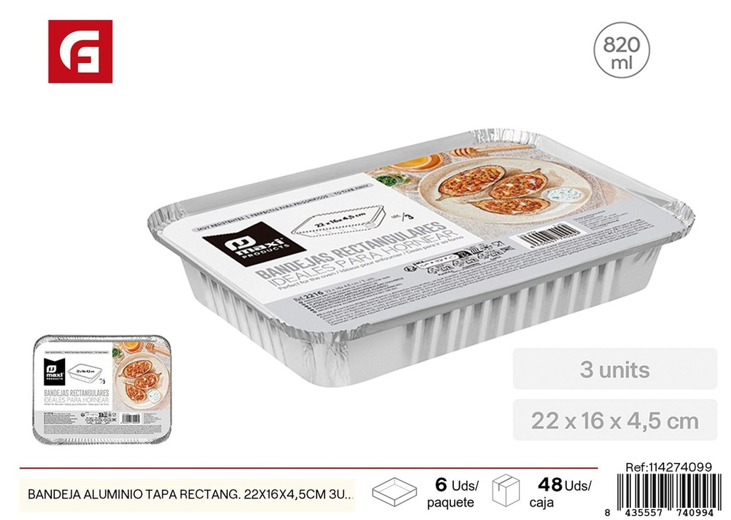 Bandeja de aluminio tapa rectangular de 22x16x4,5 cm - Recipiente desechable (3 uds)