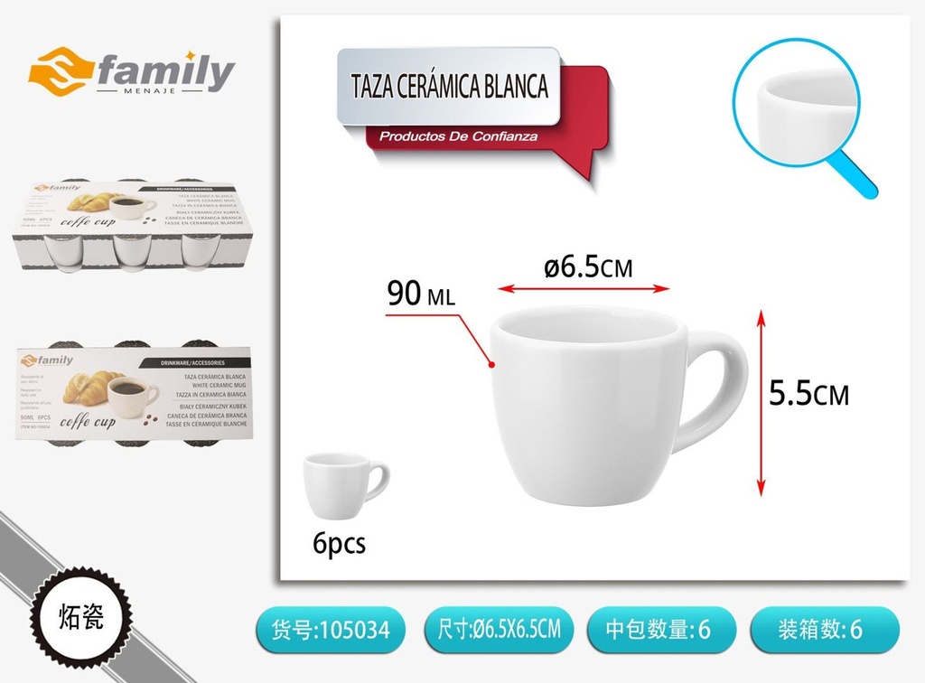 Set de 6 tazas de cerámica blanca de 90ml - Artículos de bebida y cerámica
